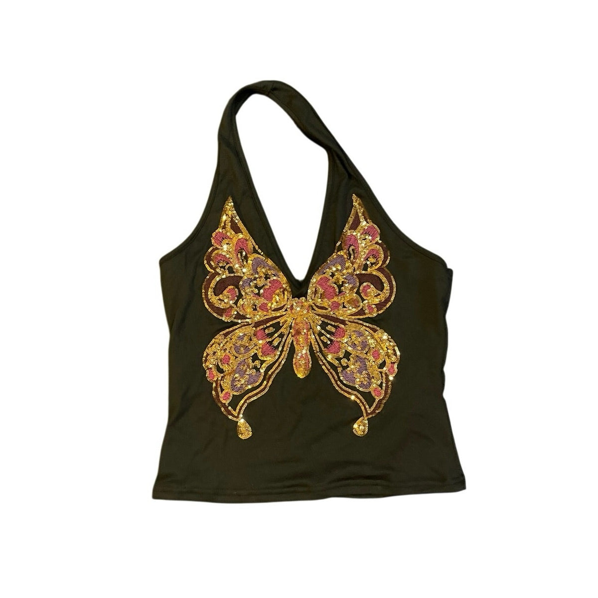 Shein Y2K Style Halter Top Sequin Beaded Butterfly Top SZ M Festival Vibes Fairy