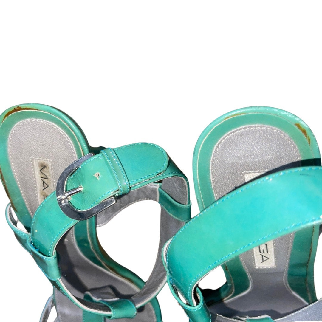 Via Spiga Teal Blue Green T Strap heel sandals open toe patent leather size 10