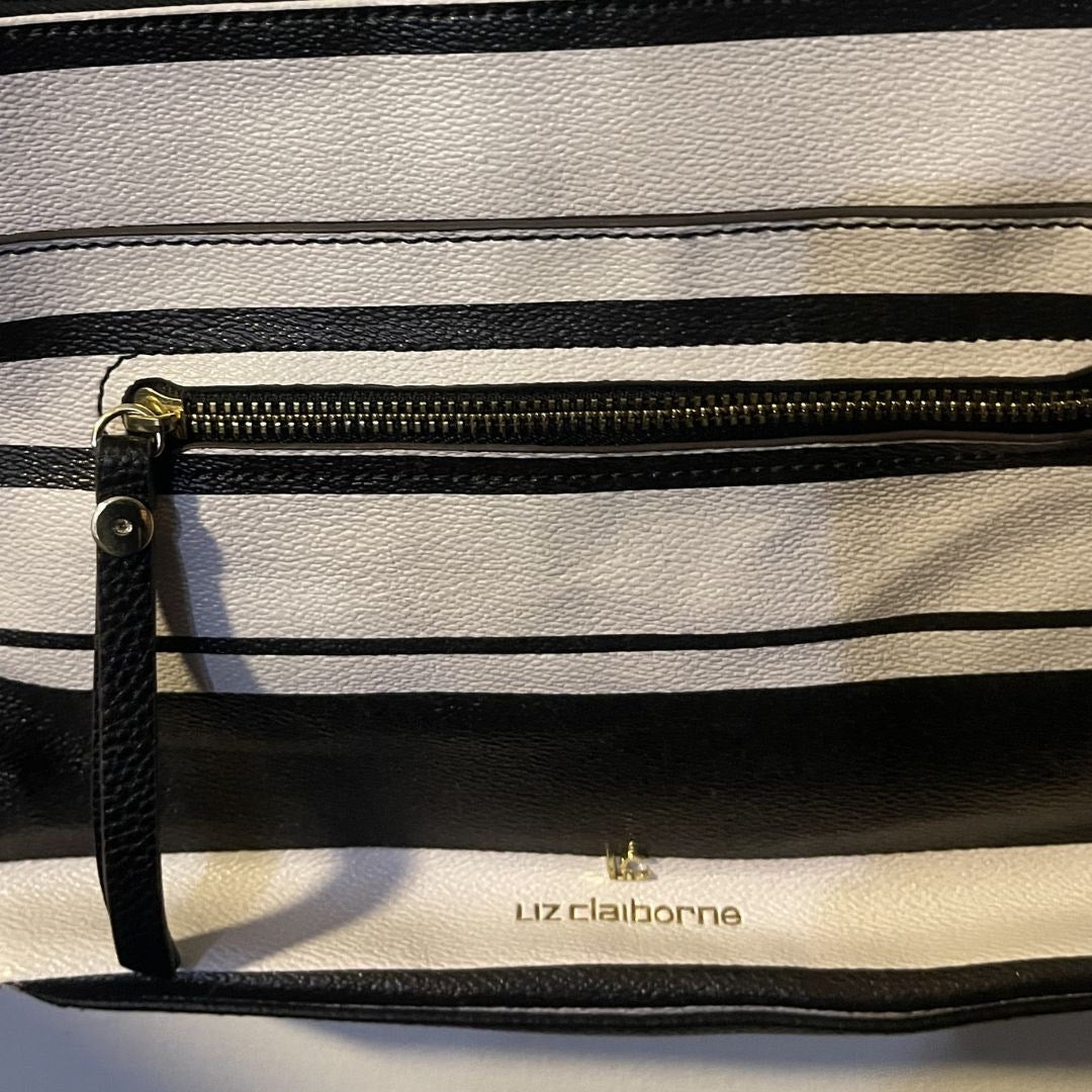 Liz Claiborne Classy Black White Striped Crossbody Bag Nautical Minimalist Chic