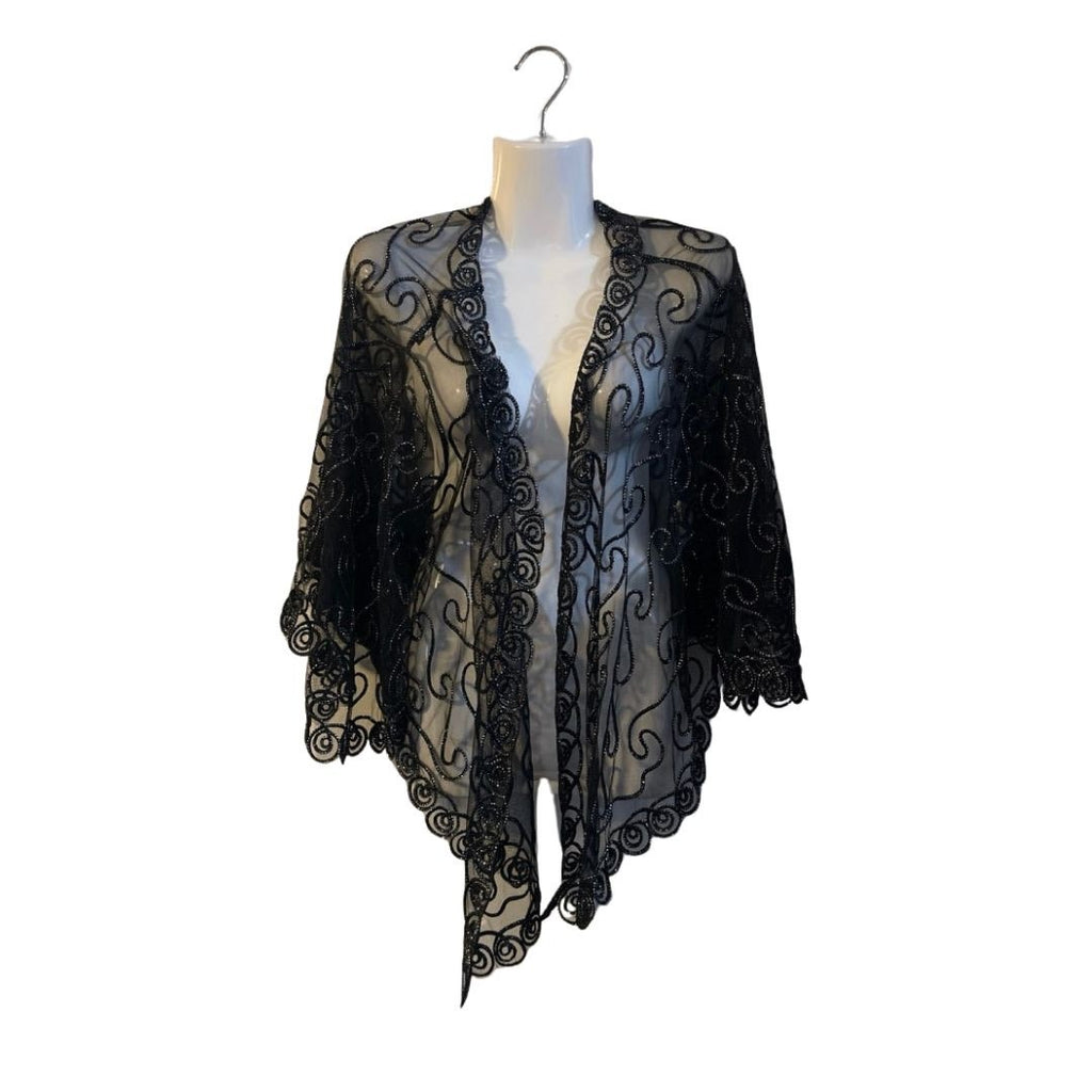 Black Sheer Embroidered Mesh Open Front Cardigan SZ M Batwings Witchy Whimsigoth