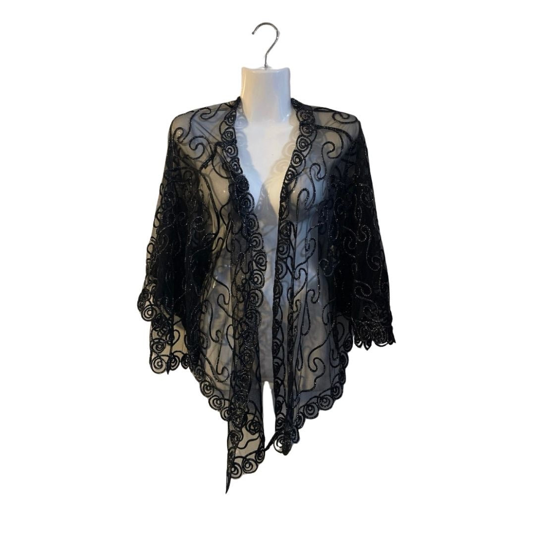 Black Sheer Embroidered Mesh Open Front Cardigan SZ M Batwings Witchy Whimsigoth
