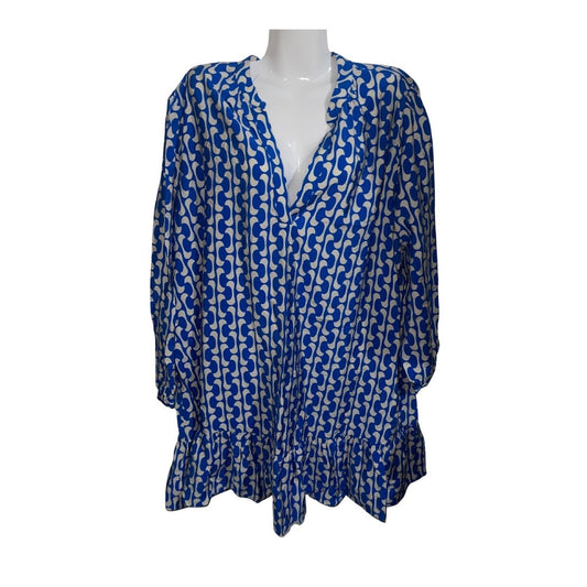 Zara Paula Blue & White Print Puff Sleeve Mini Loose Fit Dress Ruffle Hem Size XXL
