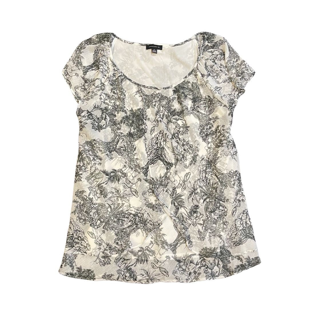 Tamara H. Black White Toile Print Blouse Size Large Safari Jungle Animal