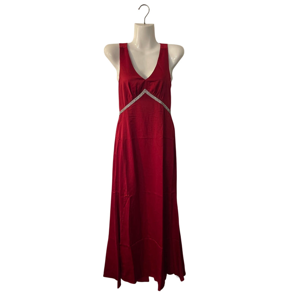 Cider Rhinestone V-Neck Red Satin Evening Dress XXS Formal Gown Wedding Prom NWT