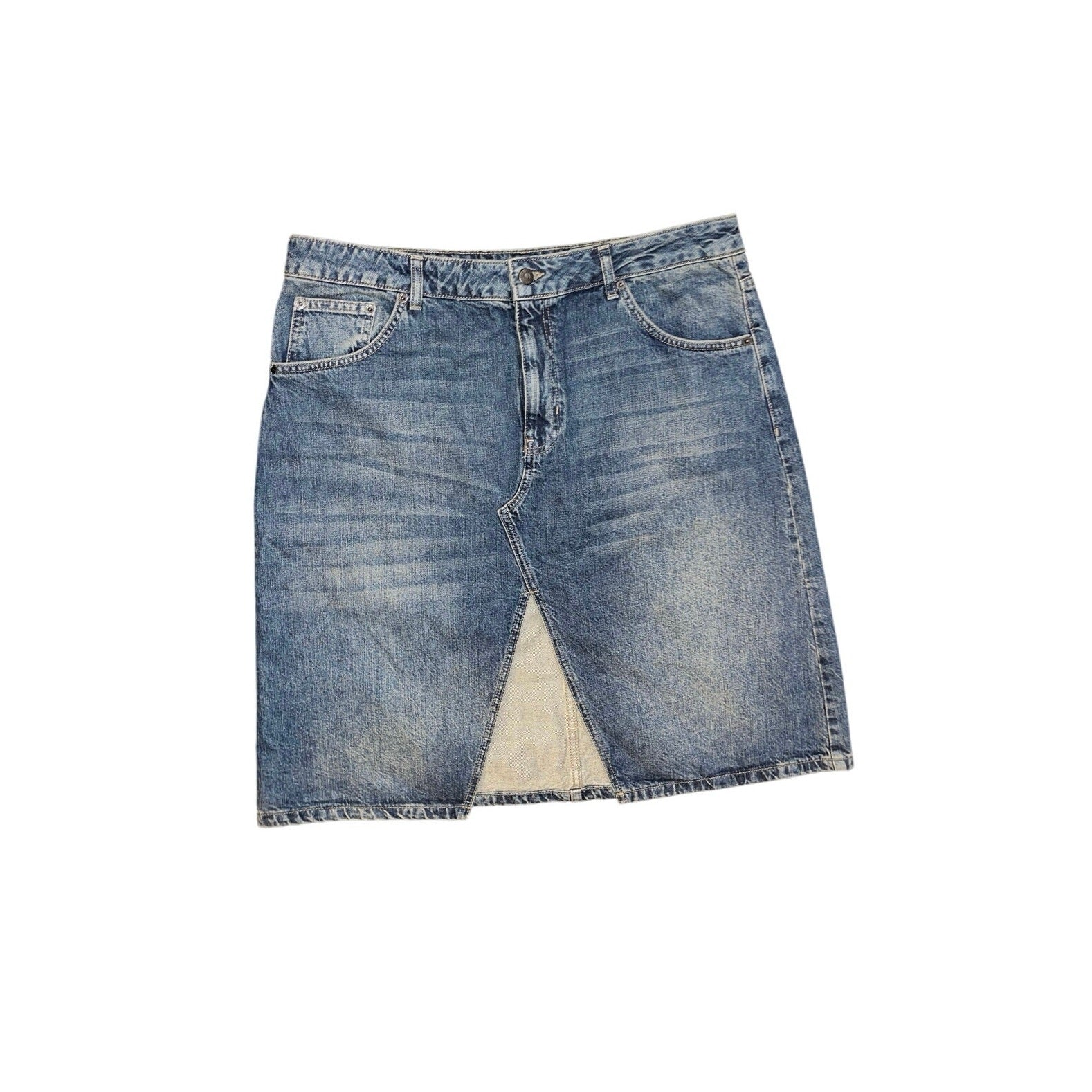 Topshop Denim Skirt Front Slit High Waisted Size 12