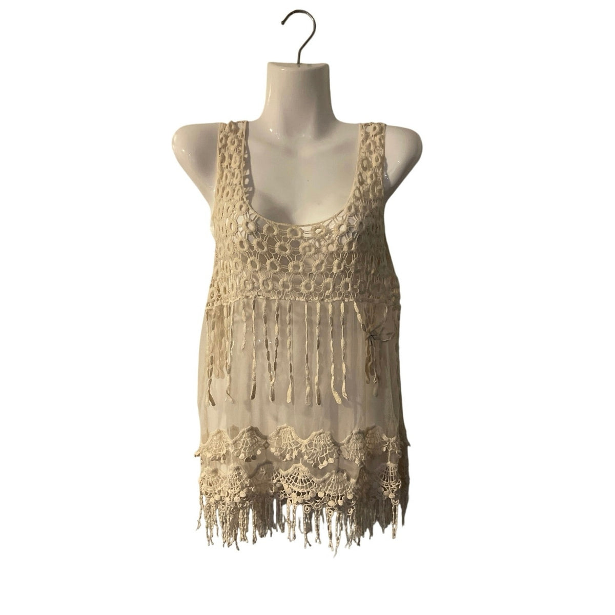SJS Bohemian Style Crochet Fringe Tank Top SX L Y2K Cover up Coquette Festival