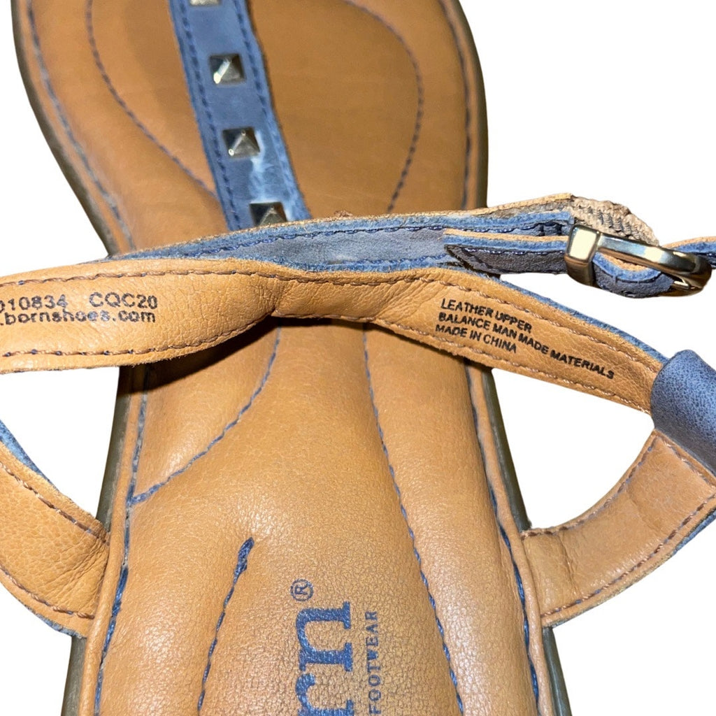 Born Adana Studded Thong T-Strap Leather Sandals Navy Blue Size 8 Summer Beach