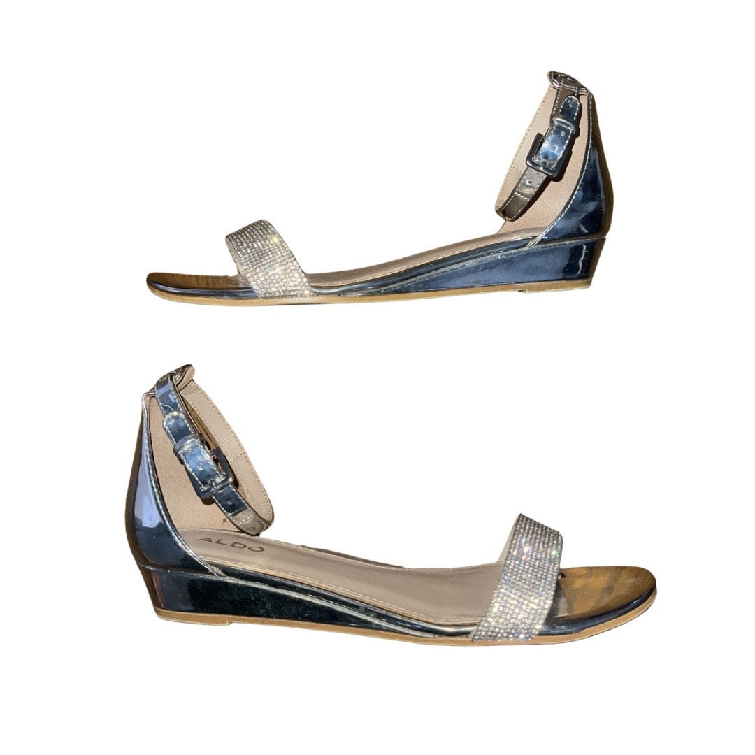 Aldo Kerina Mini Wedge Silver Rhinestone Sparkler Sandal Shoes Size 8.5 Dressy