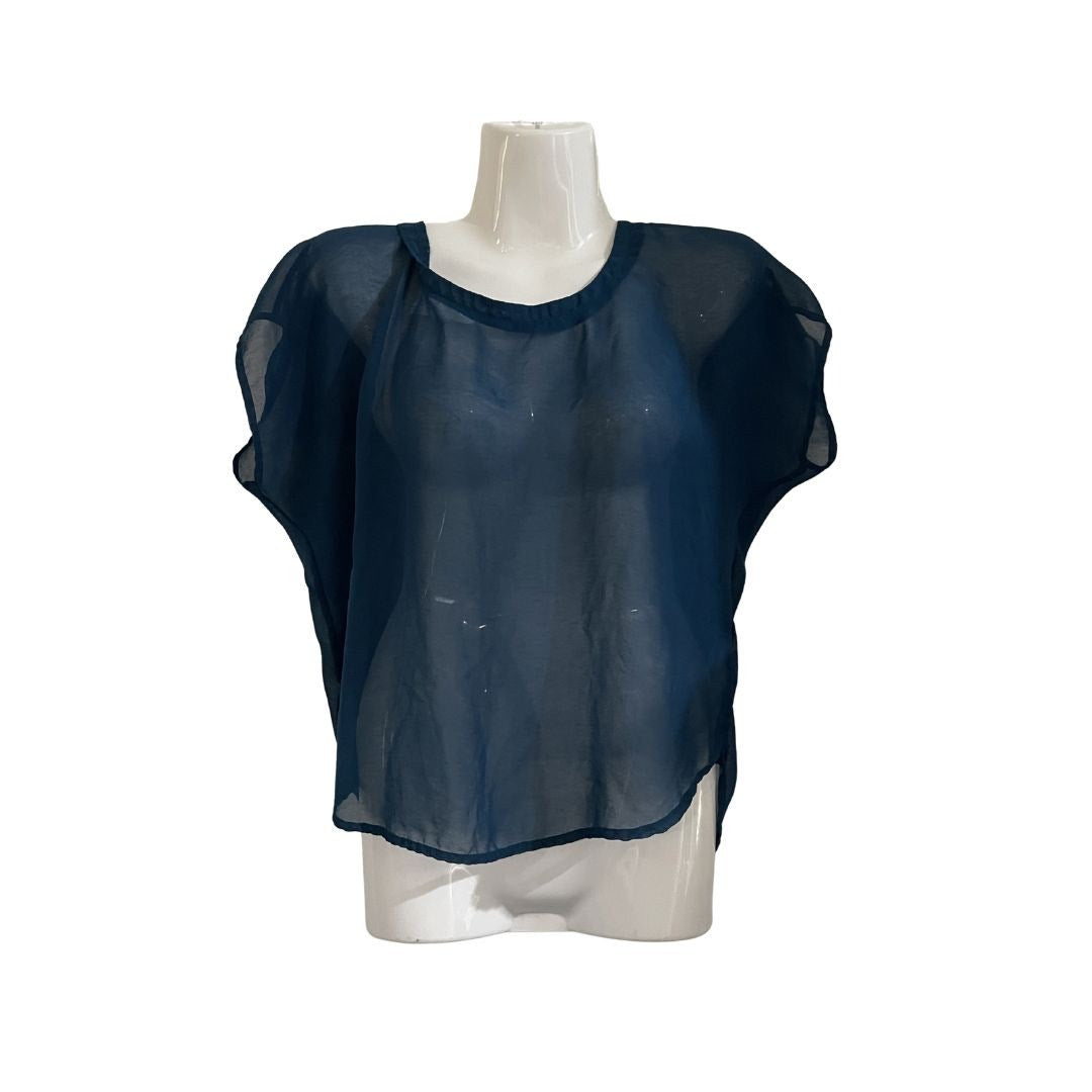 Forever 21 Sheered Blue Blouse Cap Sleeve Top Size Small Boxy Cropped Whimsy