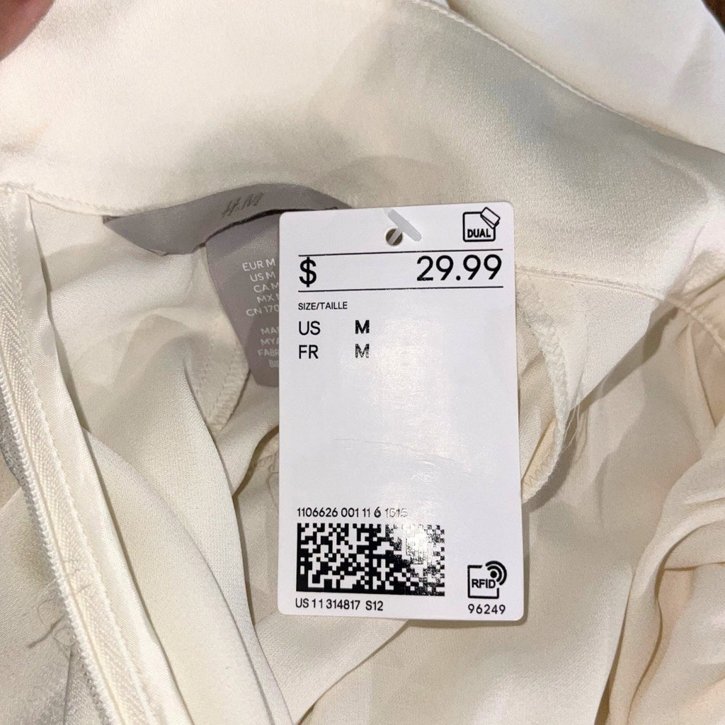 H&M Draped Ivory Blouse Stand Collar Long Raglan Balloon Sleeves Size Medium NWT