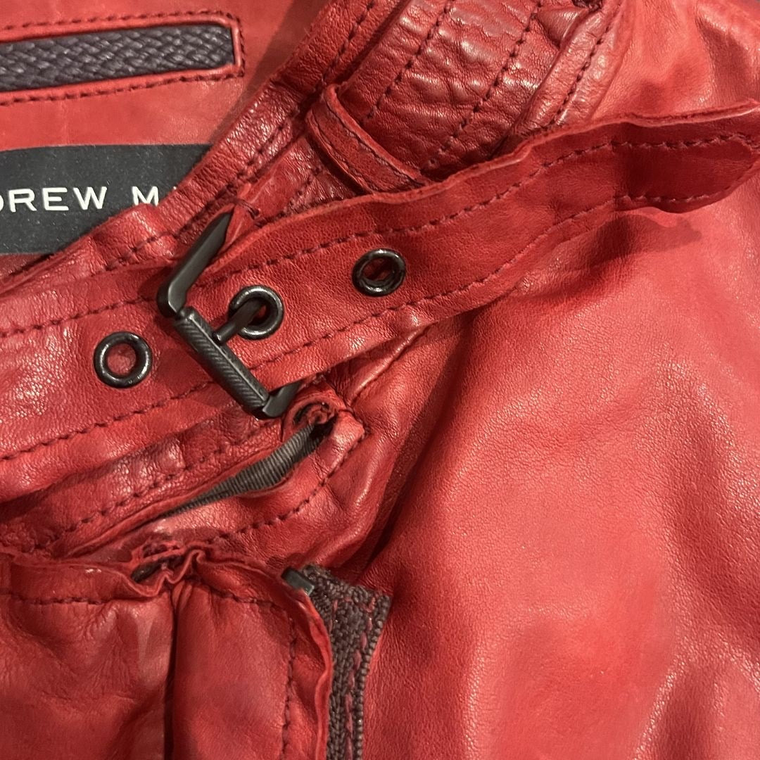 Andrew Marc Women Red Leather Fitted Moto Jacket Size XL Biker Vintage Aviator