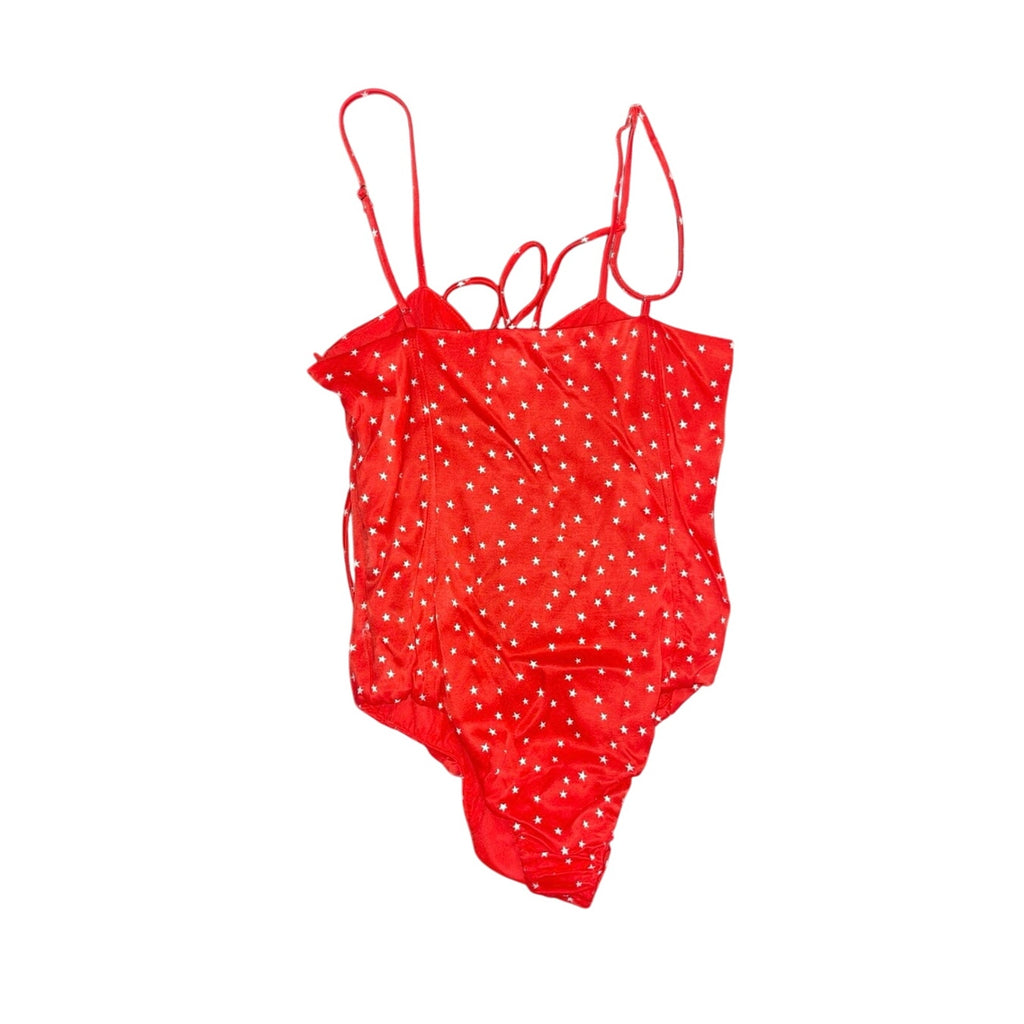 Zara Star Print Bodysuit Red Front Tie Size Small NWT