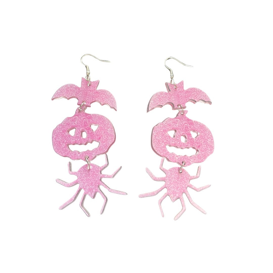 Pink pumpkin bat and spider earrings