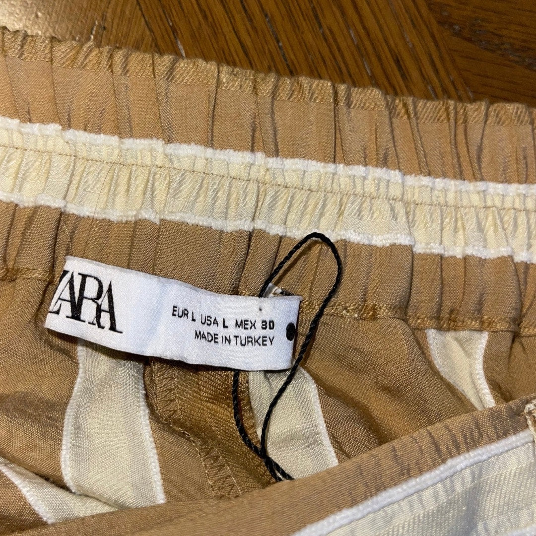 ZARA Extra Wide Leg Jacquard Striped Long Pants Size Large High Waist Trousers