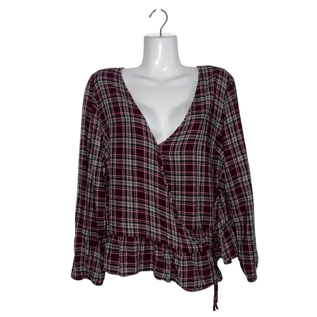 Arizona Jean Co. Long Sleeve Plaid Wrap Blouse 2XL Peplum Hem Western Cowgirl