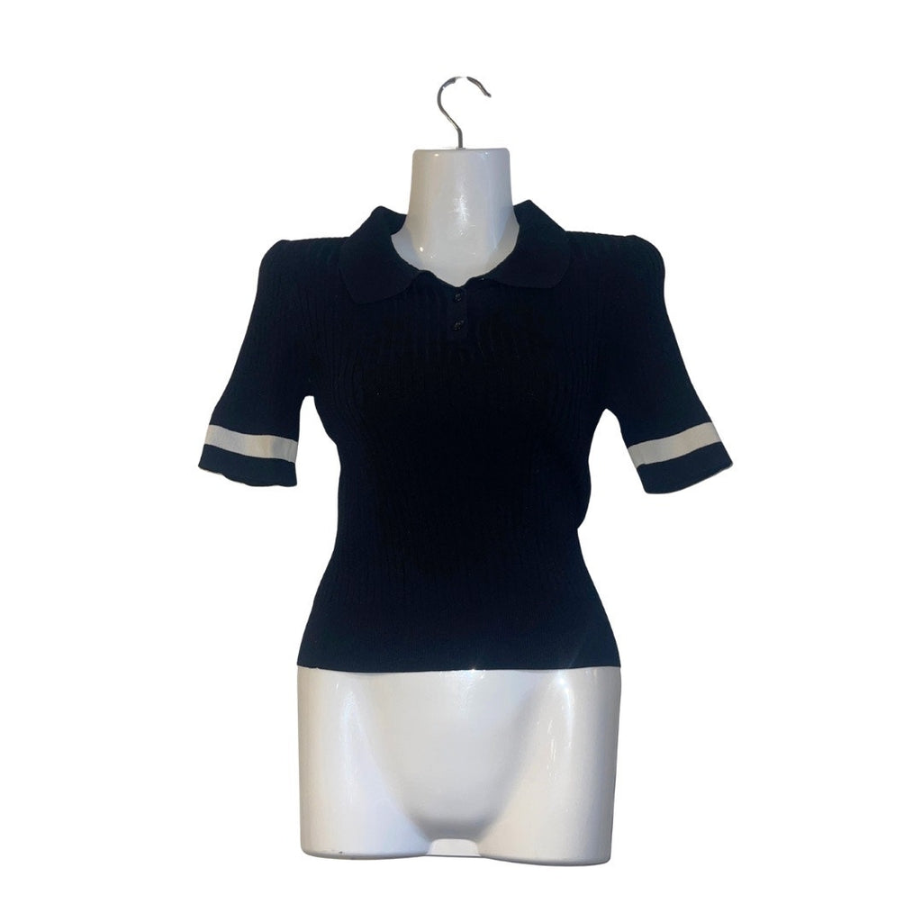 Y2K Ribbed Collar Short Sleeve Shirt Top Size Small Academia Preppy Collegiate