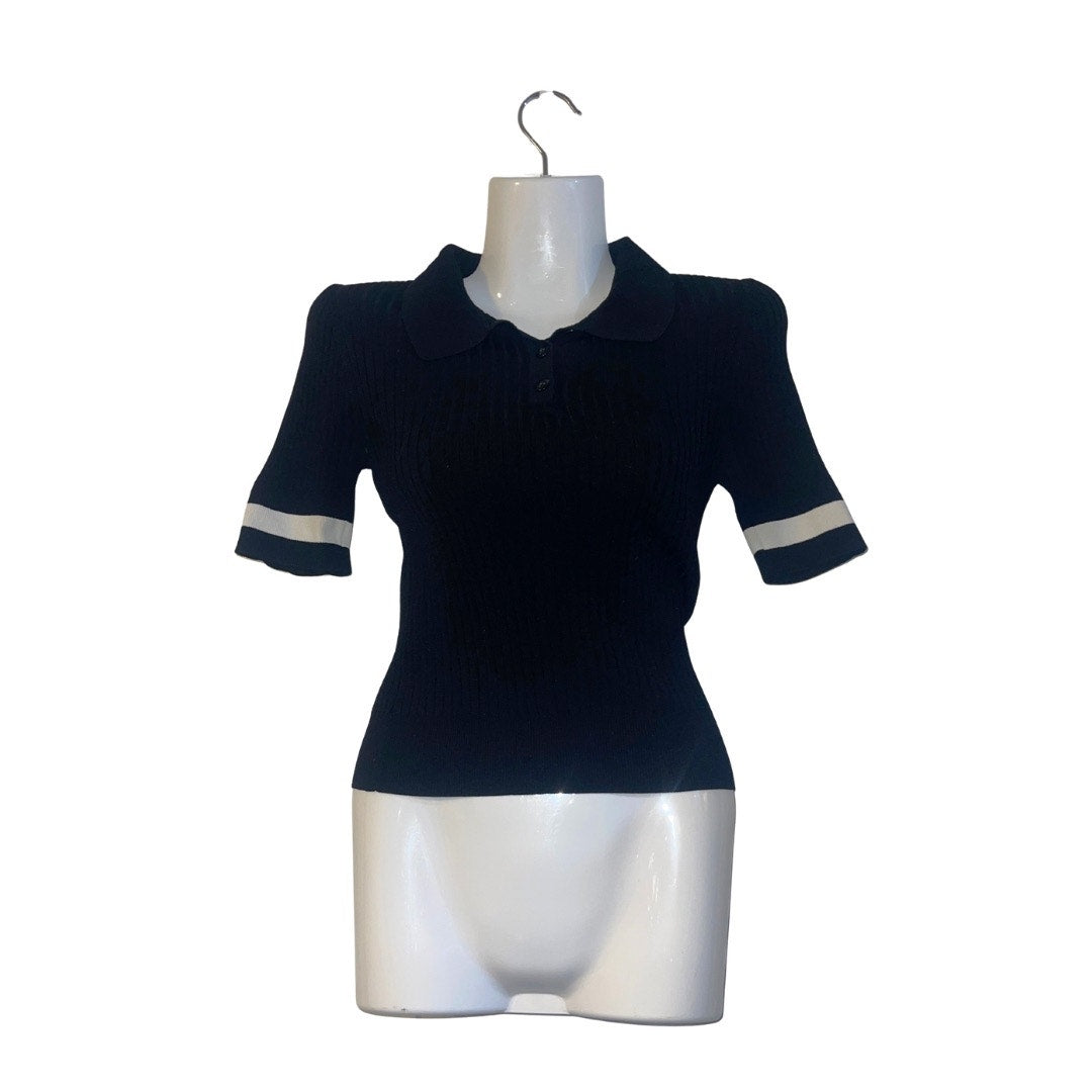 Y2K Ribbed Collar Short Sleeve Shirt Top Size Small Academia Preppy Collegiate