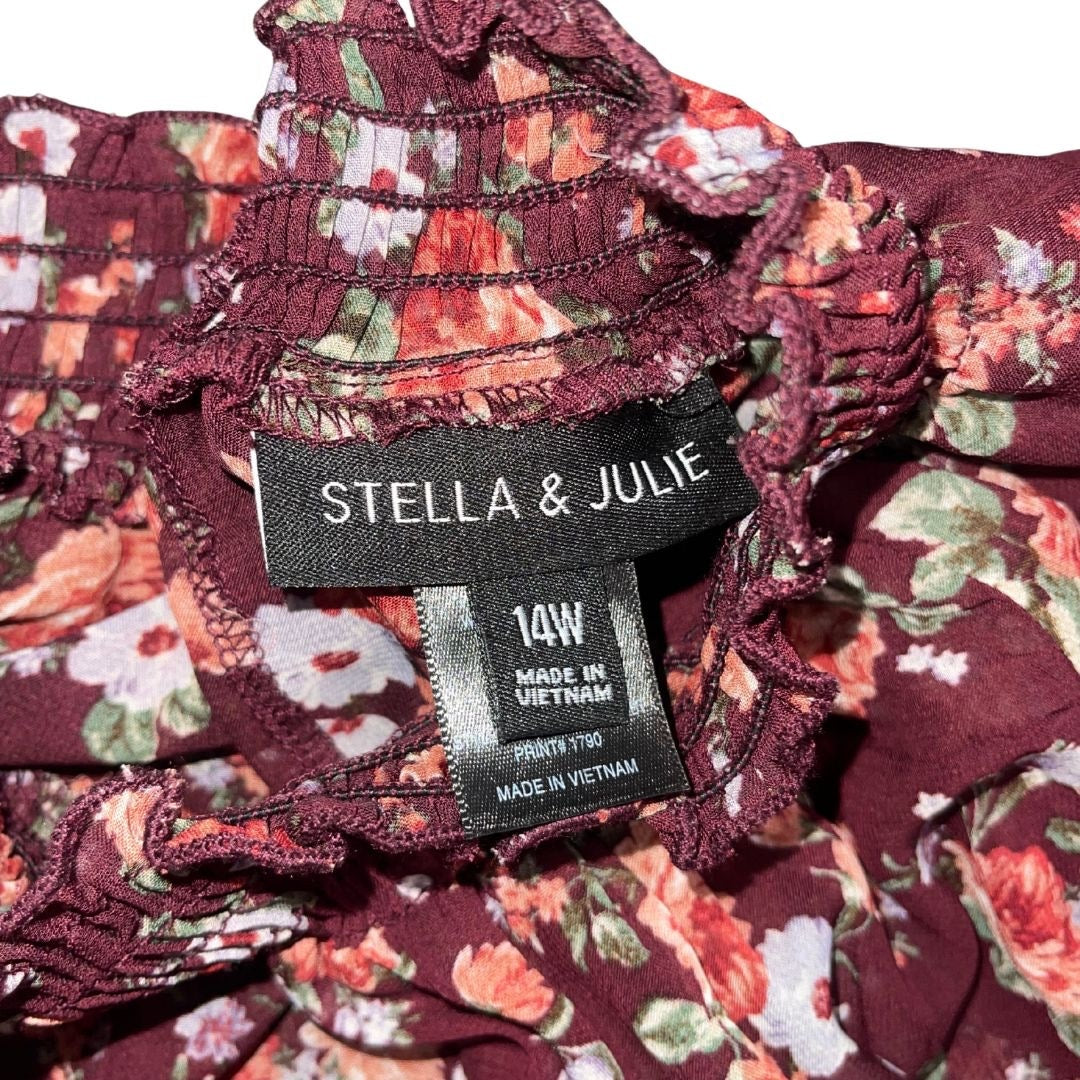 Stella & Julie Burgundy Floral Midi Dress Plus 14 Smoked High Neck Elastic Waist