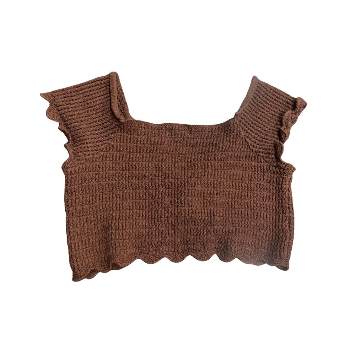 Active USA Cropped Knit Front Tie Knot Top Scallop Trim Size Large Y2K Coachella