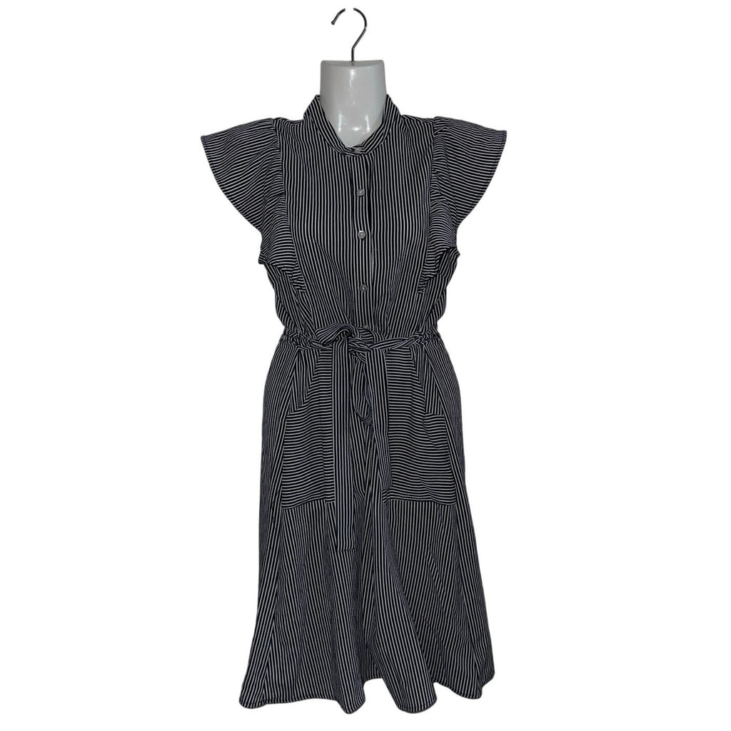 Monteau Navy White Striped Flutter Sleeve Dress Tie Waist XS Nautical Coastal