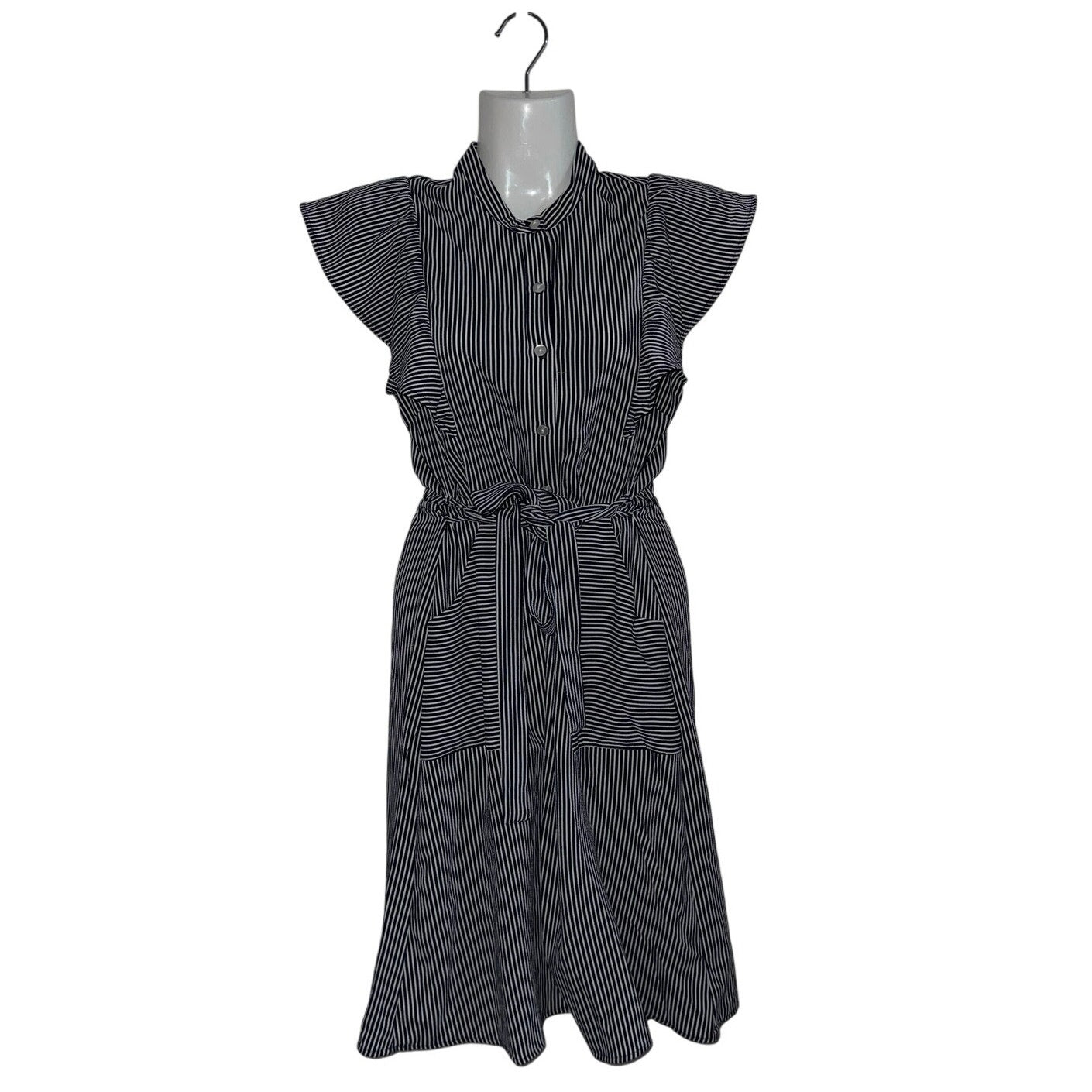 Monteau Navy White Striped Flutter Sleeve Dress Tie Waist XS Nautical Coastal