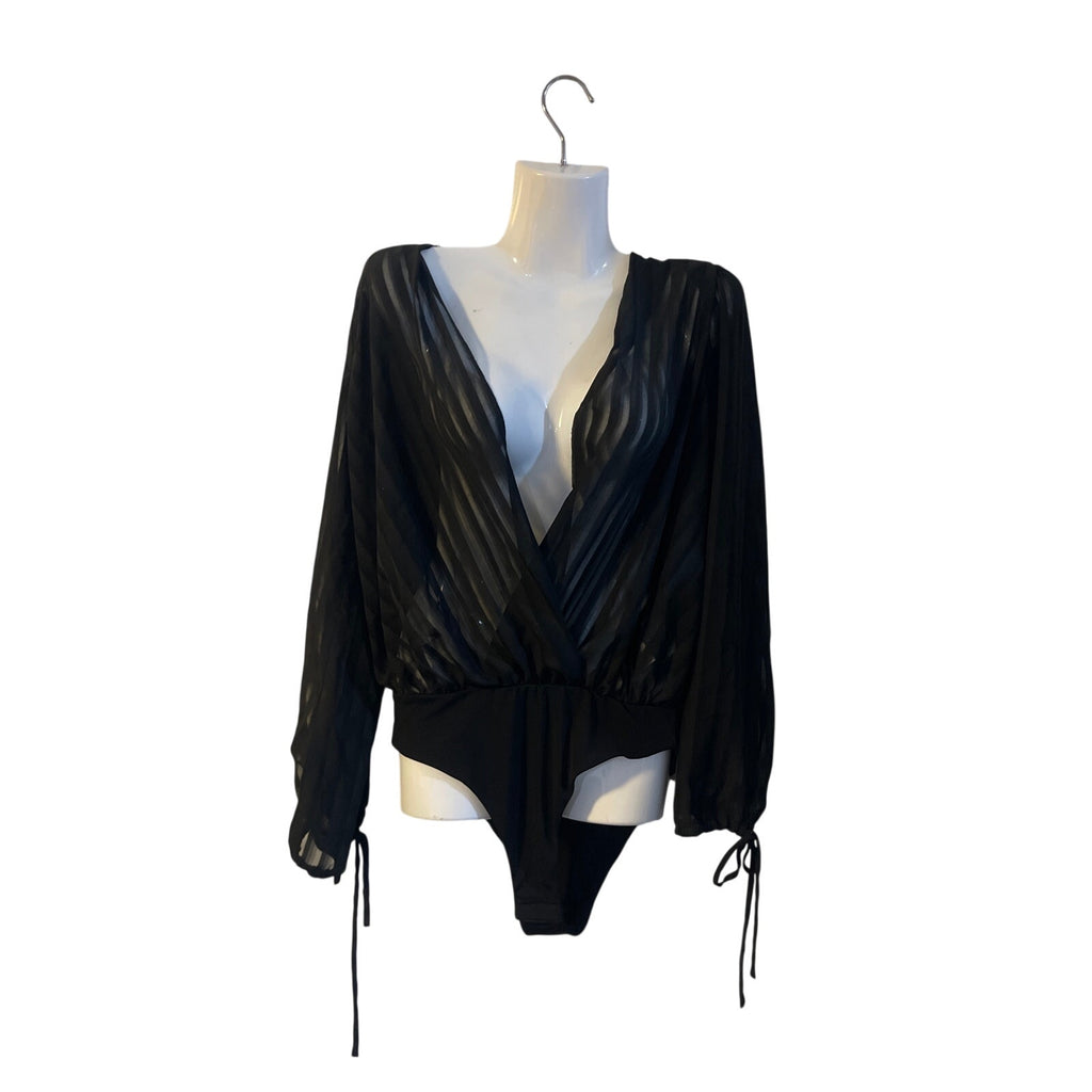 Forever 21 Black Sheer V-Neck Long Sleeve Bodysuit Faux Wrap Front SZ M Party NW