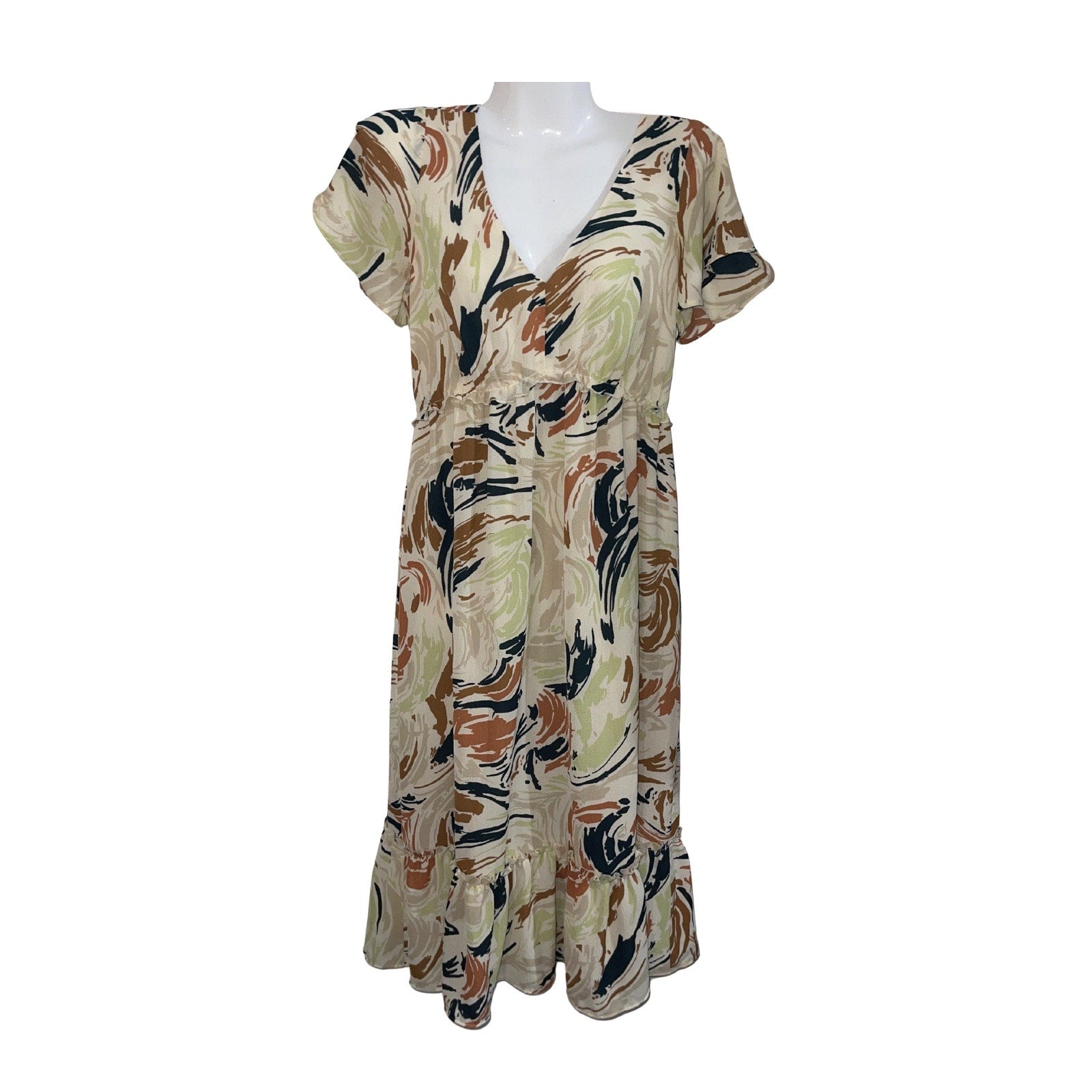 Madewell Flutter Sleeve Ruffle Waist Midi V-Neck Dress Size O Feminine Brunch
