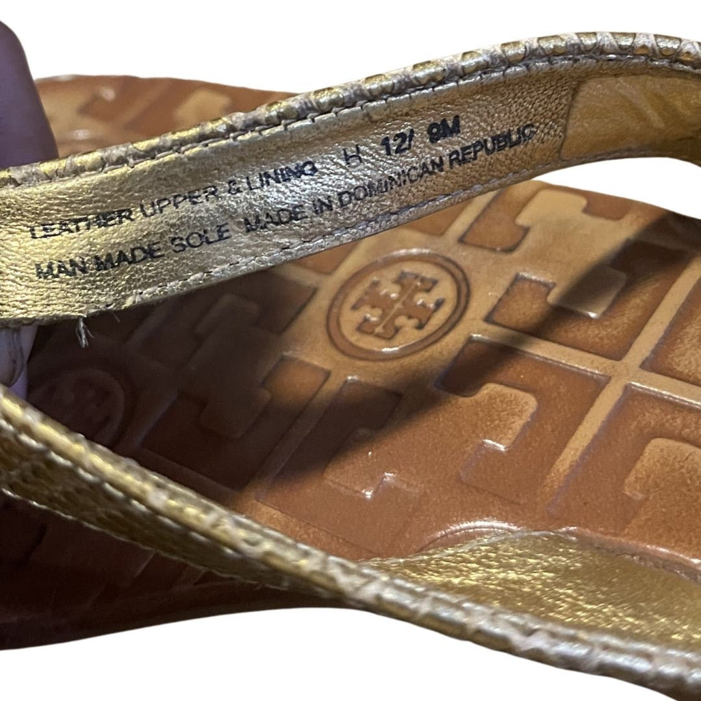 Tory Burch Thora Embossed Gold Leather Snakeskin Thong Sandal Size 9 Flip Flop
