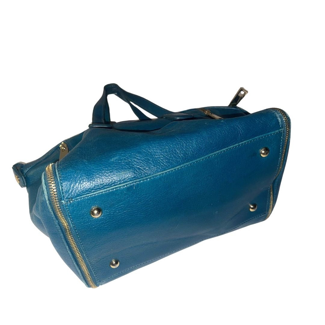 Audrey Brooke Genuine Leather Teal Satchel Handbag Top Handle Boho Chic