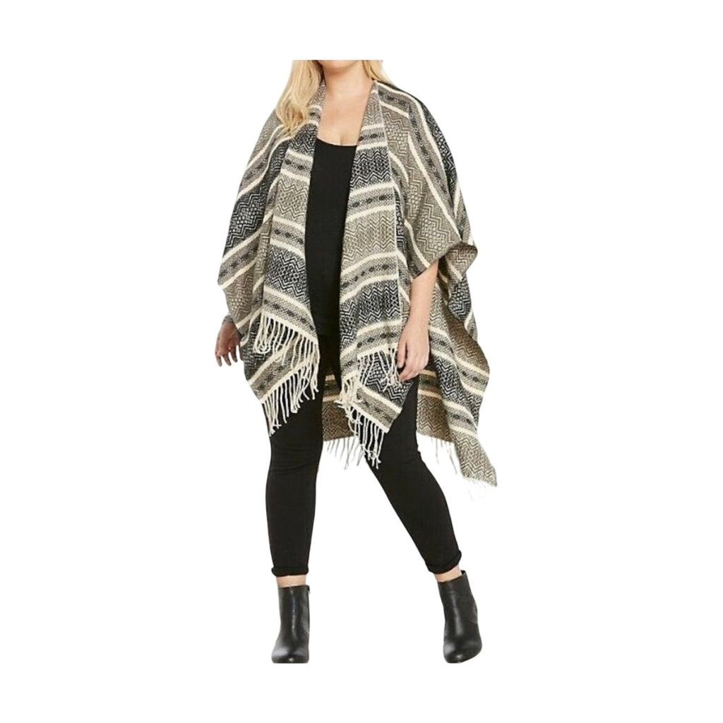 Torrid Mixed Geo Print Pattern Ruana Poncho Wrap Fringe Hem SZ O/S Boho Western