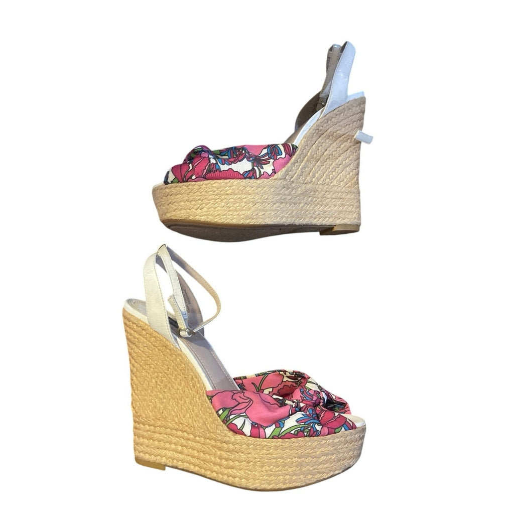 Joan & David Sharone Pink Floral Espadrille Wedge Platform Sandals SZ 7 Peep Toe