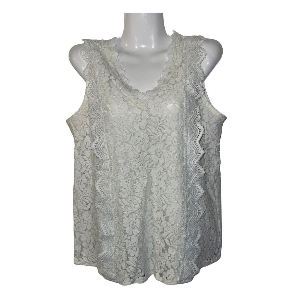 White Floral Lace Sleeveless V-Neck Top Blouse Size Large Summer Boho Chic