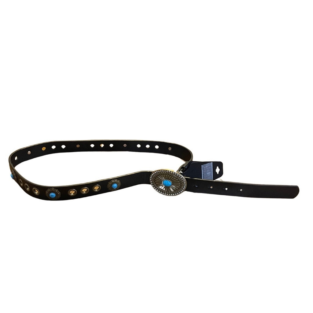 Western Style Faux Leather Belt Turquoise Accents Oval Buckle Cowgirl Rodeo NWT