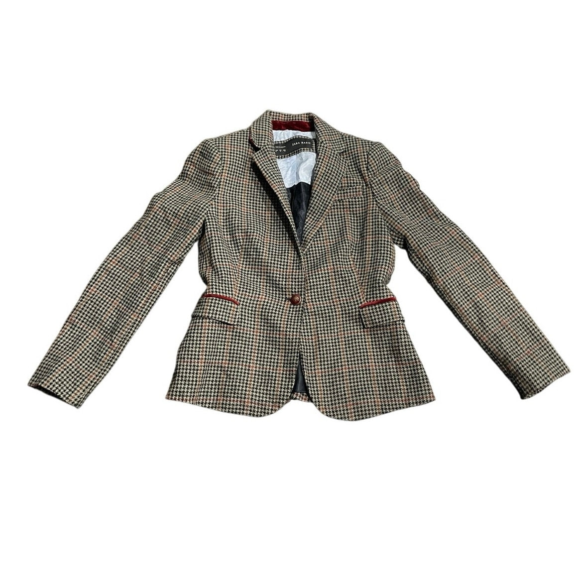 Zara Wool Blend Houndstooth Blazer Elbow Patch SZ M Business Classy Preppy Chic