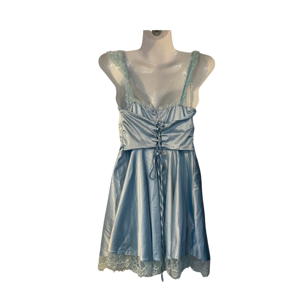 Blue Satin Faux Silk Lace Trim Mini Slip Dress Coquette Fairycore Whimsigoth Y2K