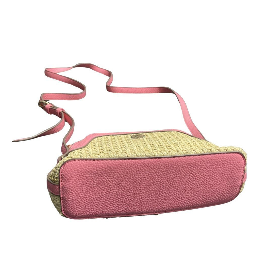 Anne Klein Pink and Tan Dome Straw Crossbody Bag Purse Summer Resort Coastal