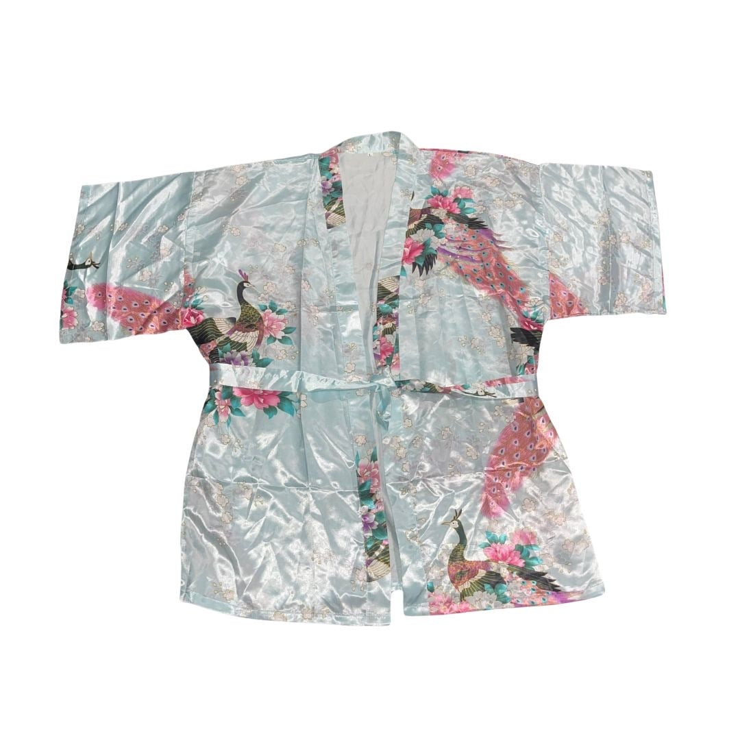 Floral Short Peacock Kimono Robe Blue Teal Satin Fabric Bridesmaid Bride