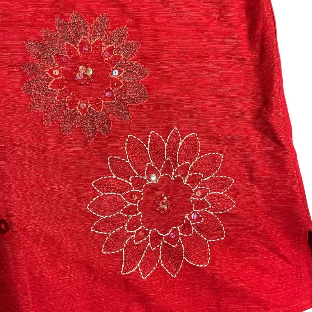 Alfred Dunner 3/4 Sleeve Blouse Floral Beaded Embroidery SZ 10 100% Silk Boho
