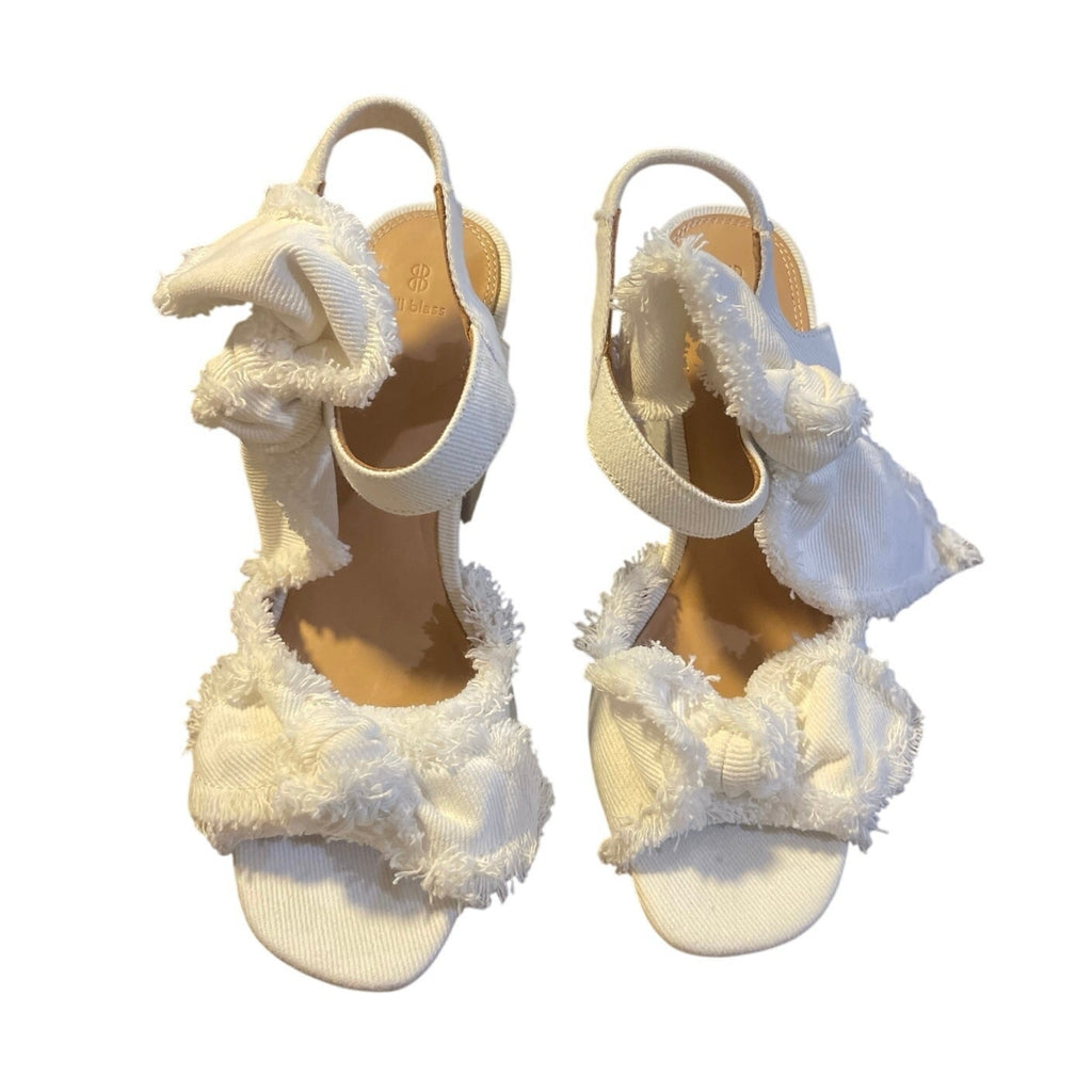Bill Blass Carmen 90 Block Heel Sandal White Denim Fray Bow SZ 7 NWOB Bridal