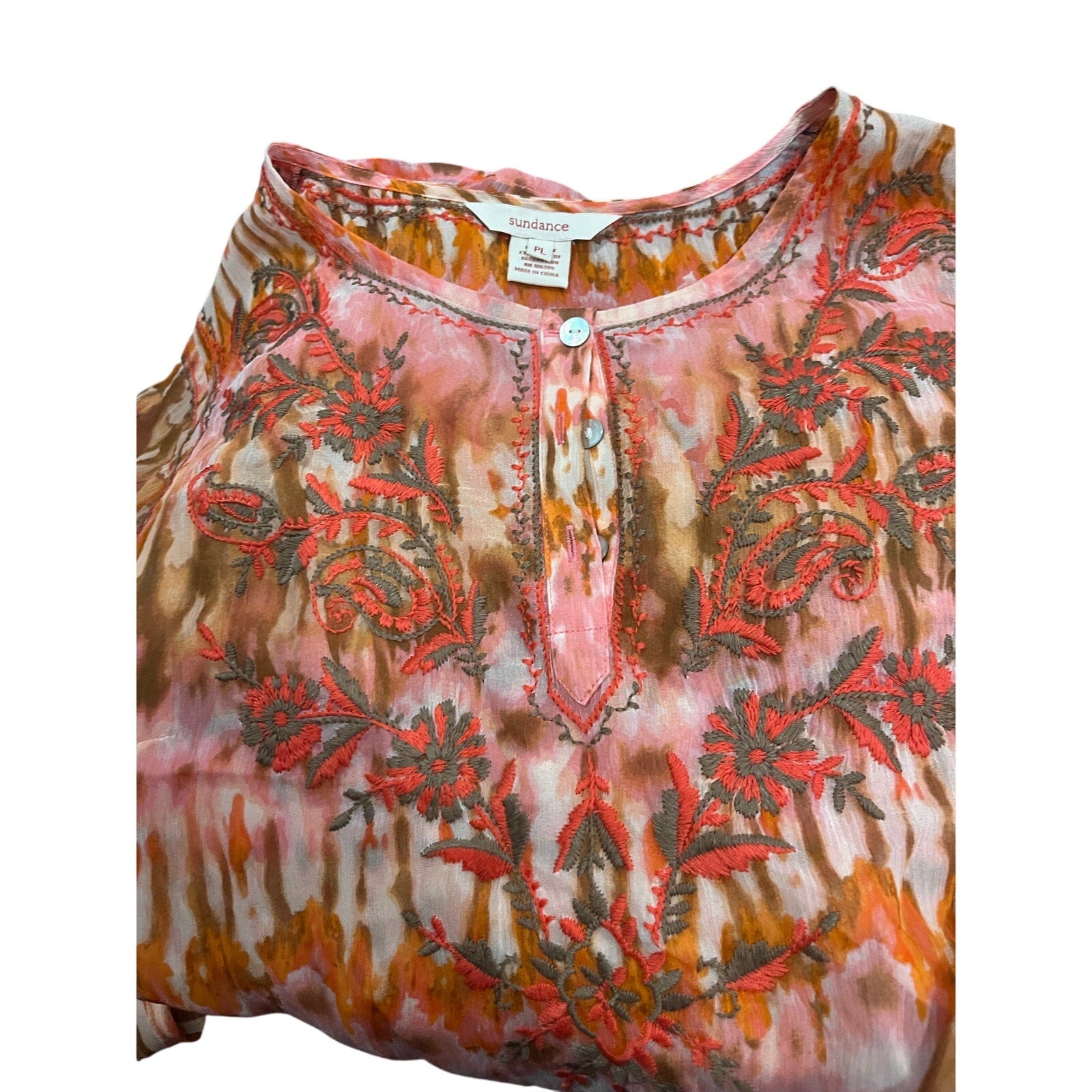 Sundance Women's 100% Silk Blouse Orange Pink Tie-Dye Boho Top Size PL