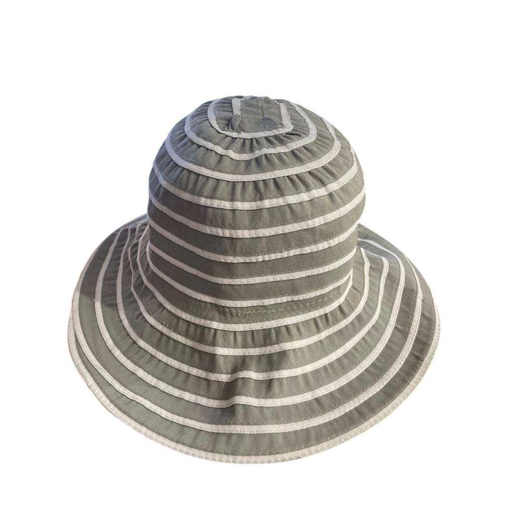Sur La Tete Striped Sage Green Wide Brimmed Bucket Sun Adjustable Hat Vacation
