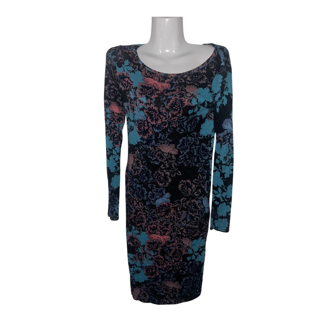 BCBGMAXAZRIA Y2K Floral Pink and Blue Long Sleeve Form Fitted Bodycon Dress