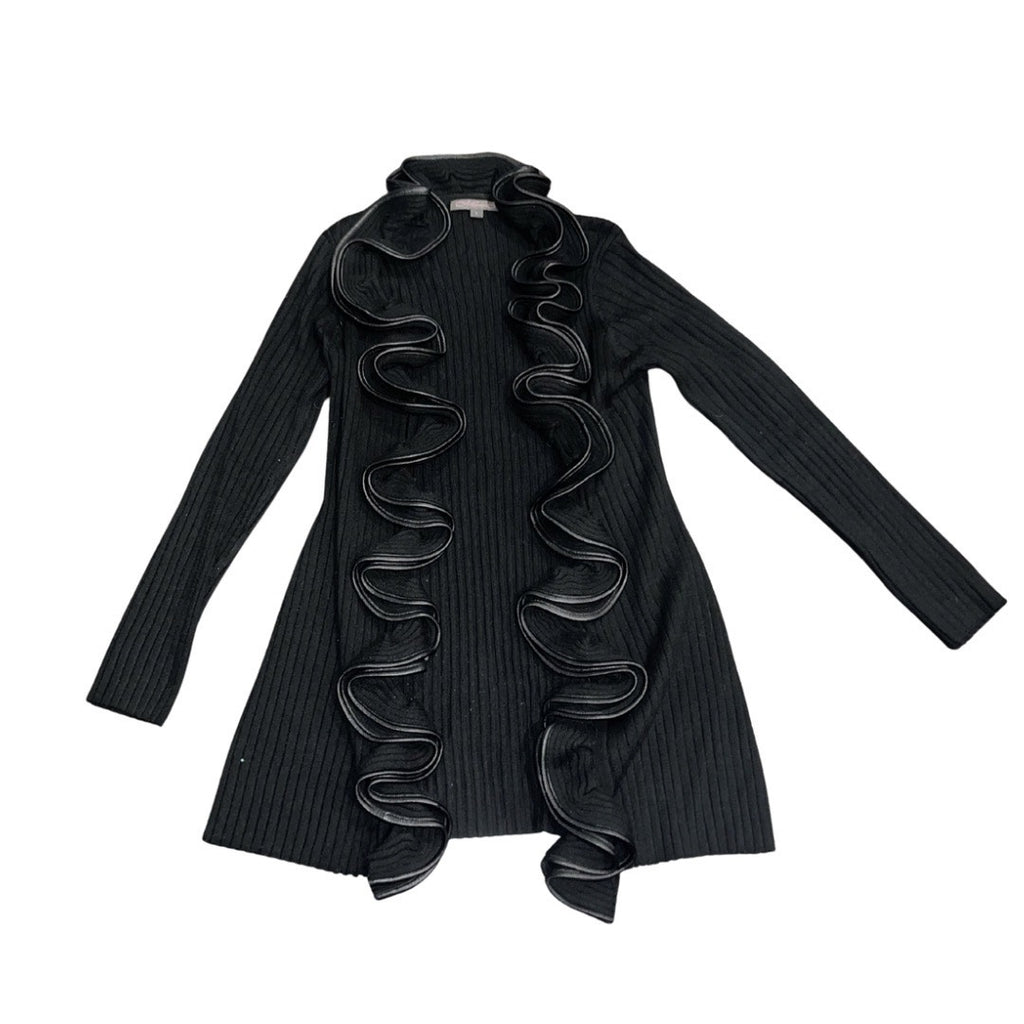 Metric Open Front Ruffle Knit Ribbed Cardigan Hook and Eye Closure SZ Large Chic