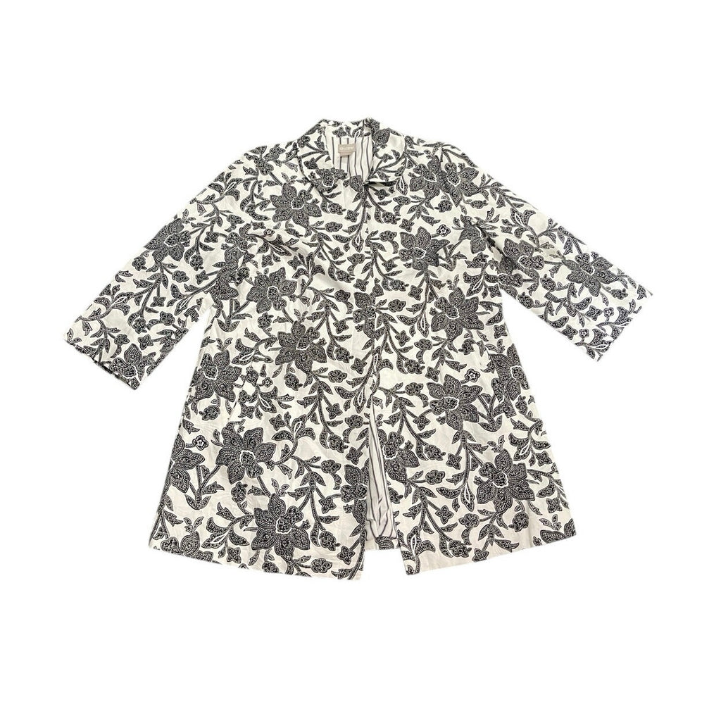 Chico's Floral Print Pleat Back Topper Jacket Black White Floral 8/10 Botanical