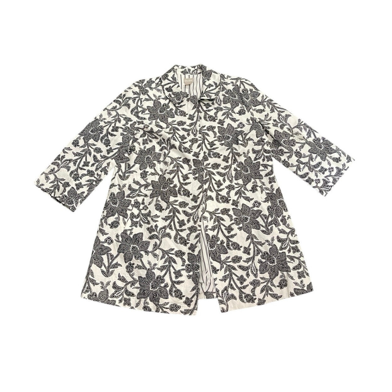 Chico's Floral Print Pleat Back Topper Jacket Black White Floral 8/10 Botanical