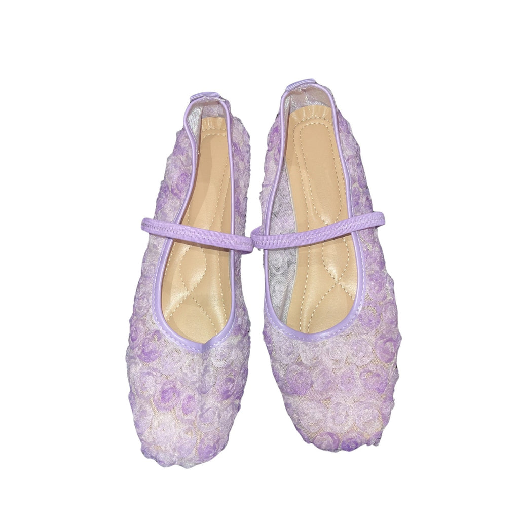 Purple Unique Rose Floral Lace Flats Ballet Ballerina Shoes 7.5 Mesh Artsy Boho