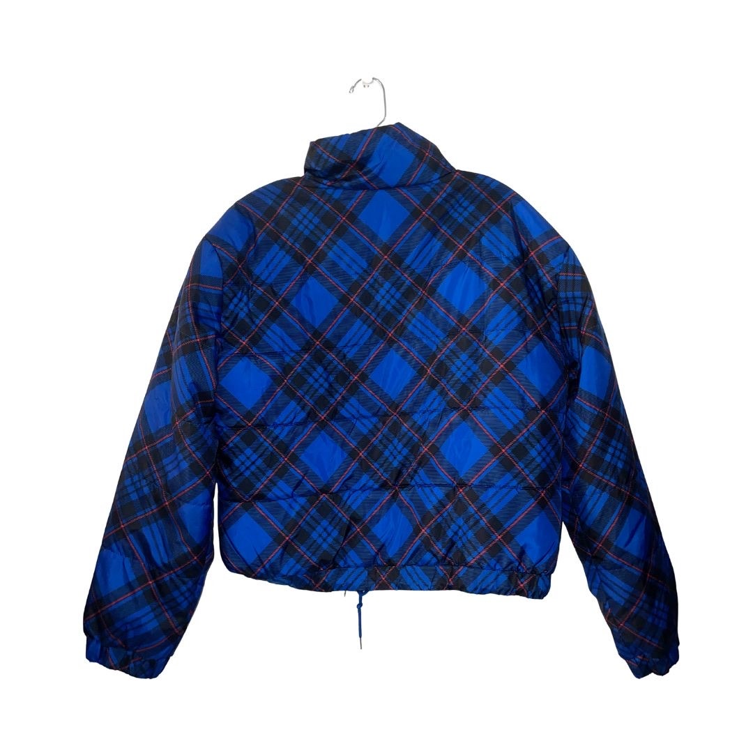 Ashley Outerwear Juniors Royal Blue Plaid Puffer Jacket Size XL Cropped