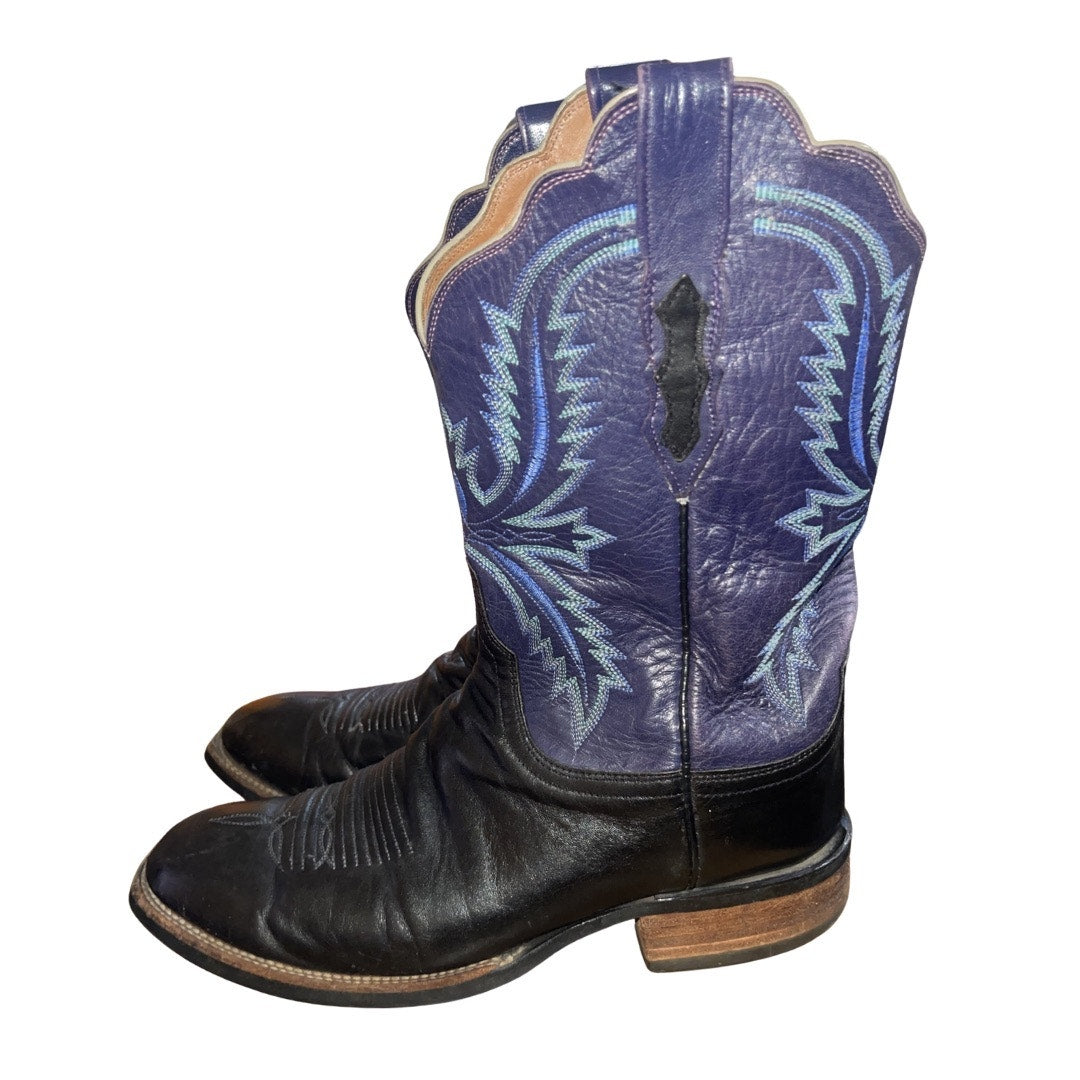 Lucchese Leather Western Cowgirl Boots Black Vamp Blue Purple Shaft SZ 10 Cowboy