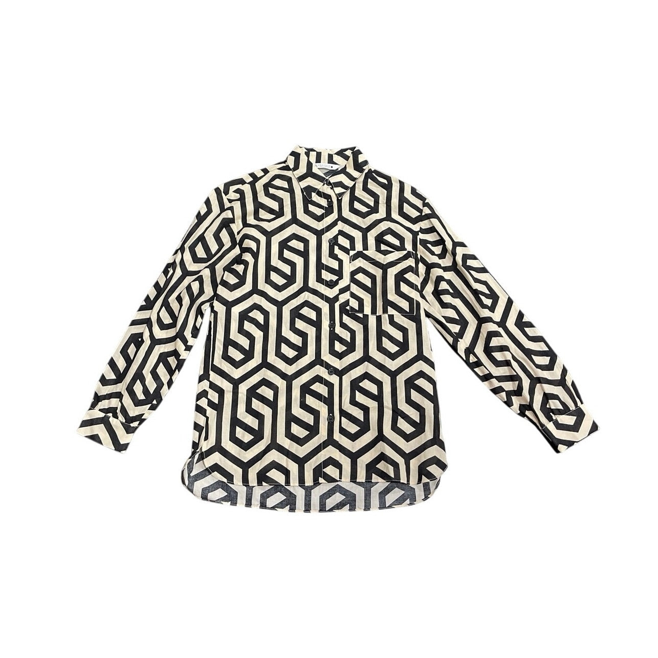 Zara Long Sleeve Button Down Geometric Pattern Pocket Shirt XS Boho Artsy Chic