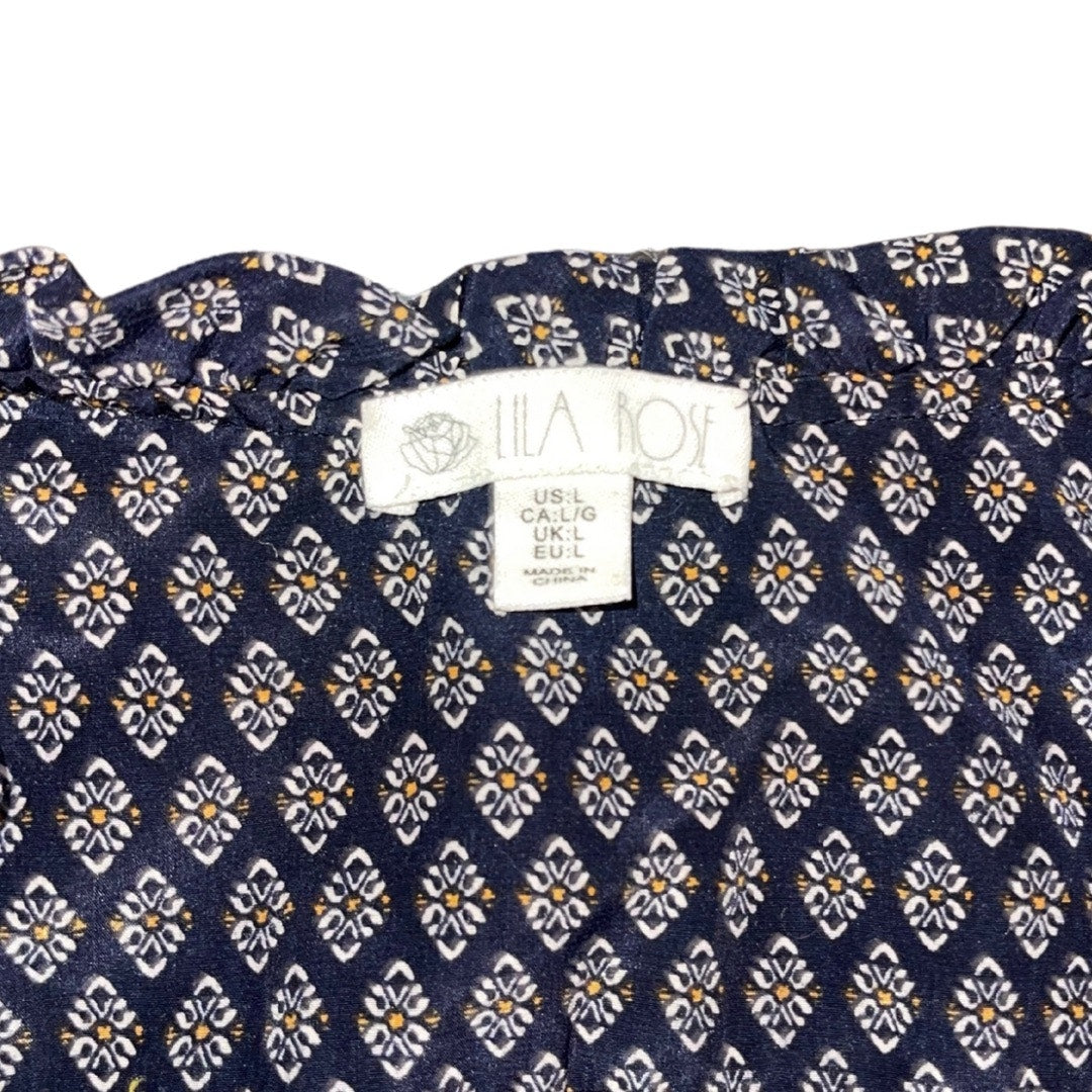 Lila Rose Top Blouse Diamond floral design Tie Neck Line Size Large